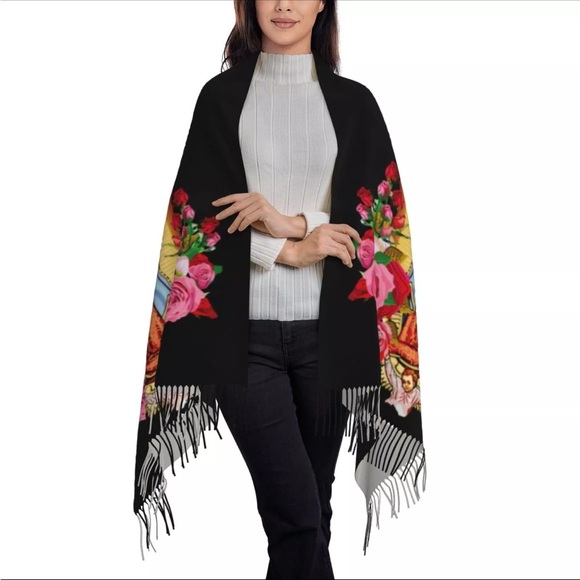 Black multicolor Our Lady of Guadalupe print wrap shawl warm soft fringes nwt - Picture 2 of 7